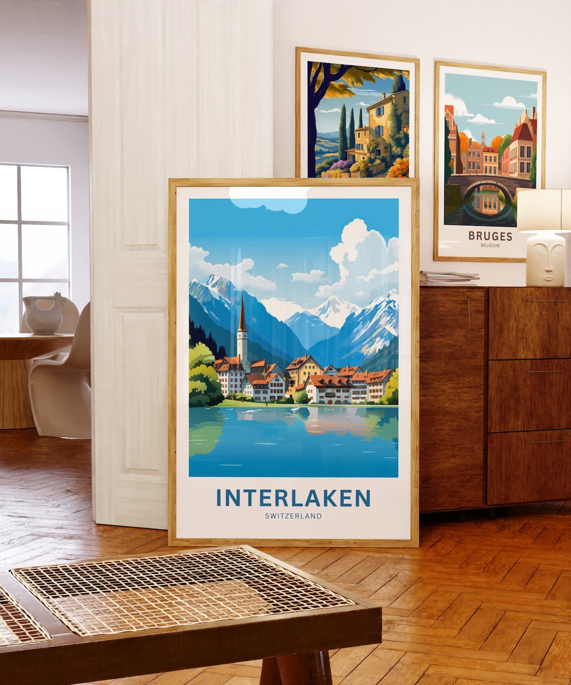Interlaken Switzerland Church Tower Lake Reflection Travel Poster - Image 5
