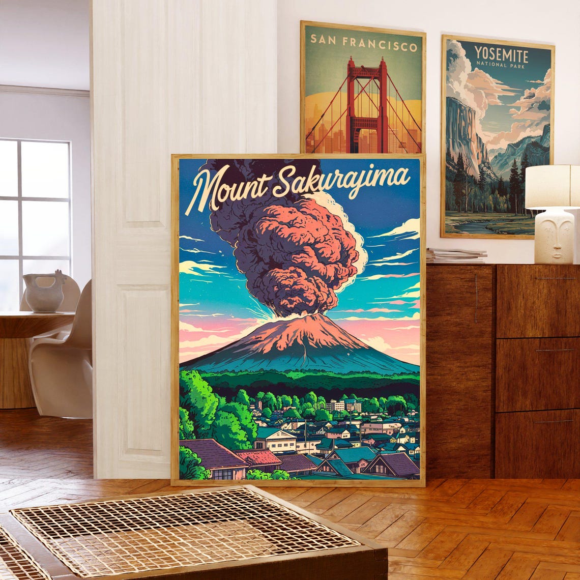 Mount Sakurajima Japan Dramatic Eruption Over Town Sunset Poster - Image 5