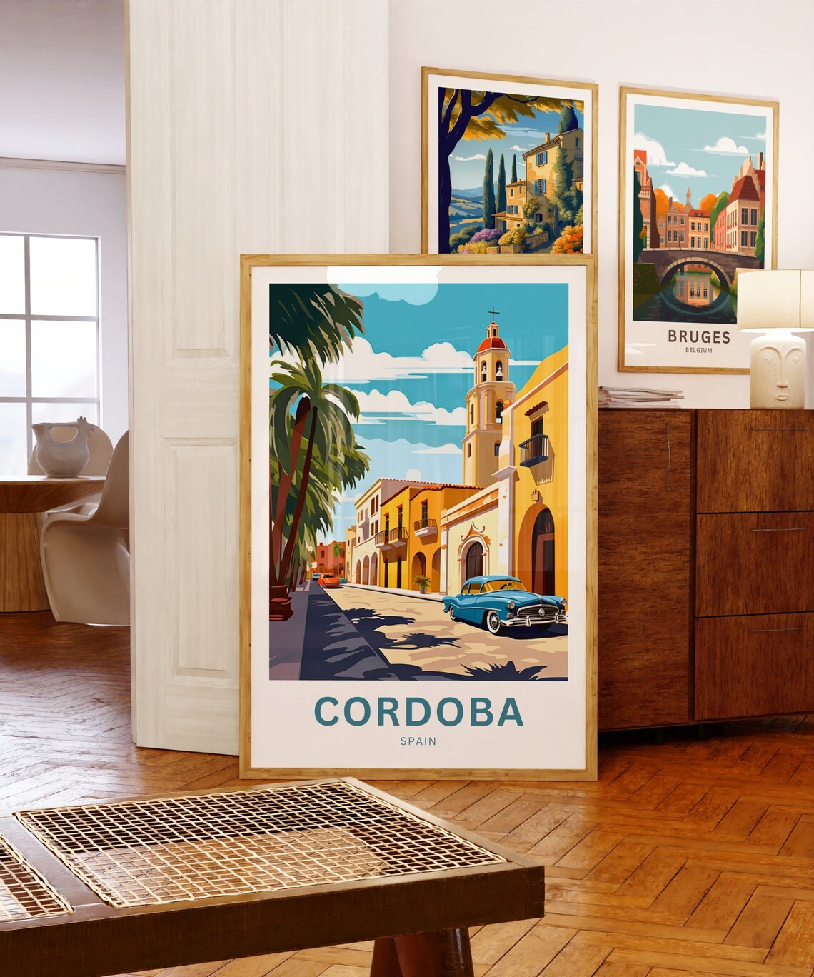 Cordoba Spain Church Street Blue Classic Car Custom Travel Poster - Image 5