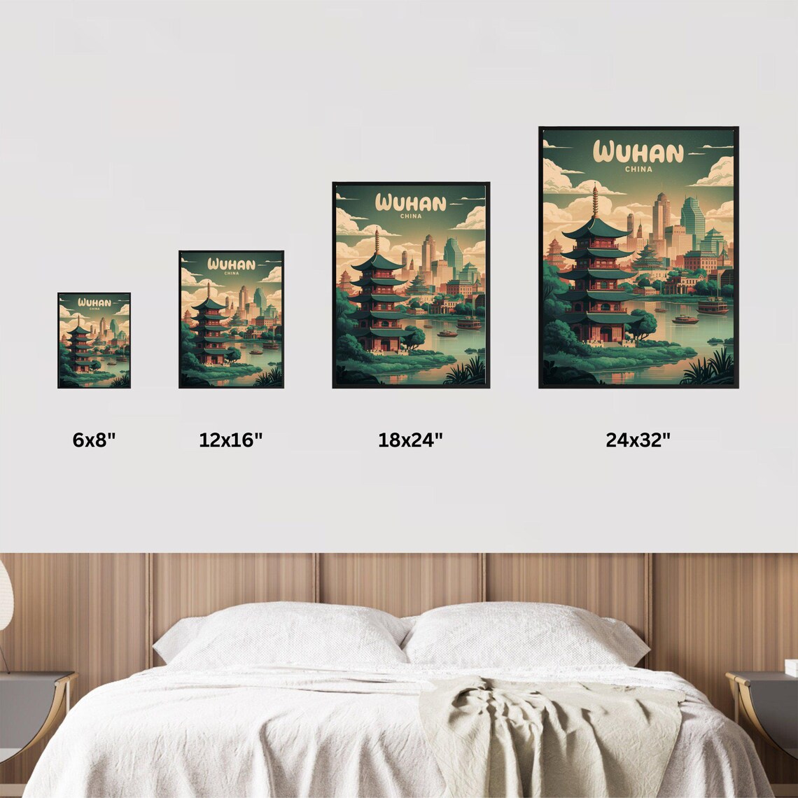 Wuhan China Retro Pagoda Skyline River Boats Vintage Art Poster - Image 2