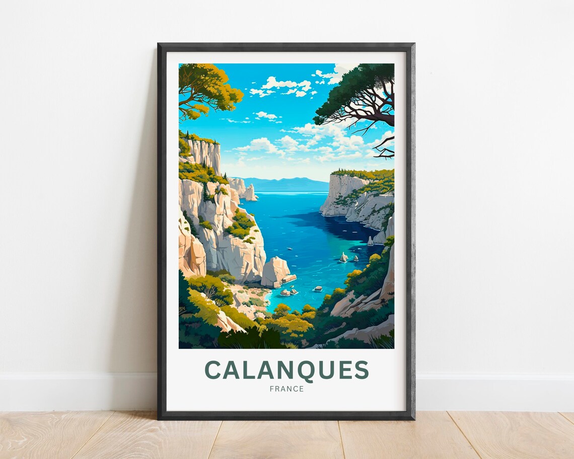 Calanques France Deep Blue Inlet Limestone Cliffs Travel Poster