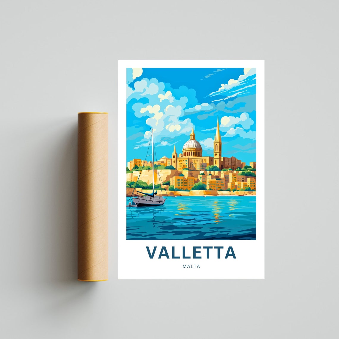 Valletta Malta Skyline Sailboat Turquoise Harbor Scene Poster - Image 4