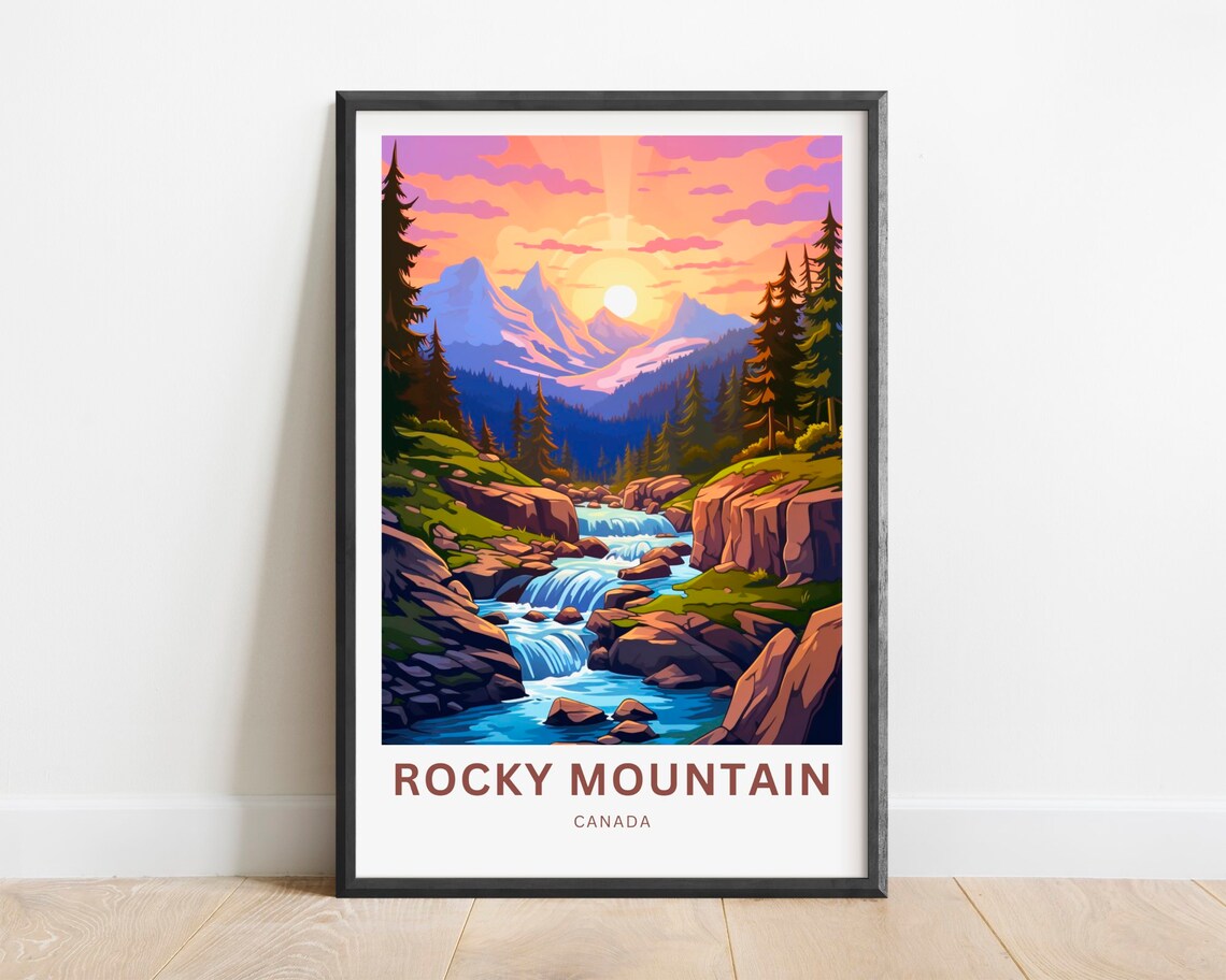 Rocky Mountain Canada Sunset Waterfall Peaks Art Travel Poster