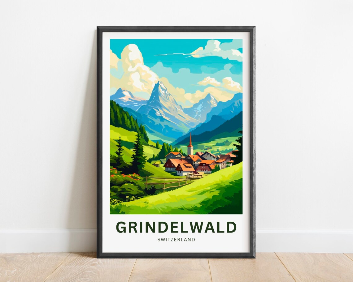 Grindelwald Switzerland Alpine Village Church Spire Peaks Poster