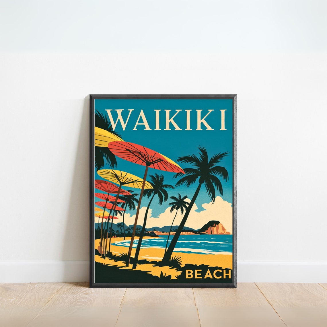 Waikiki Beach Hawaii Vintage Tropical Palm Umbrellas Paradise Poster