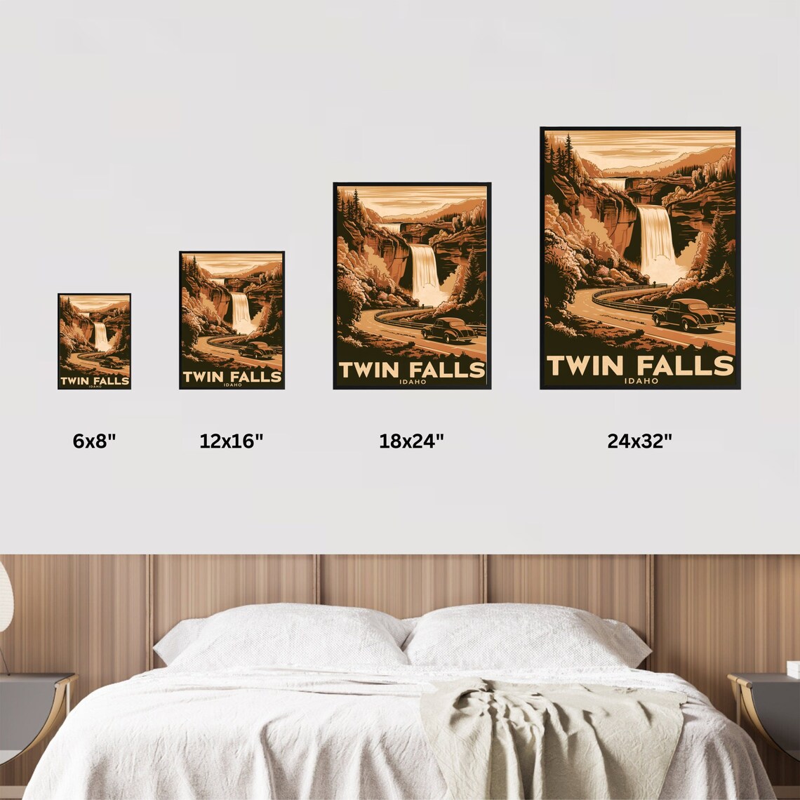 Twin Falls Idaho Sepia Waterfall Classic Car Vintage Travel Poster - Image 3