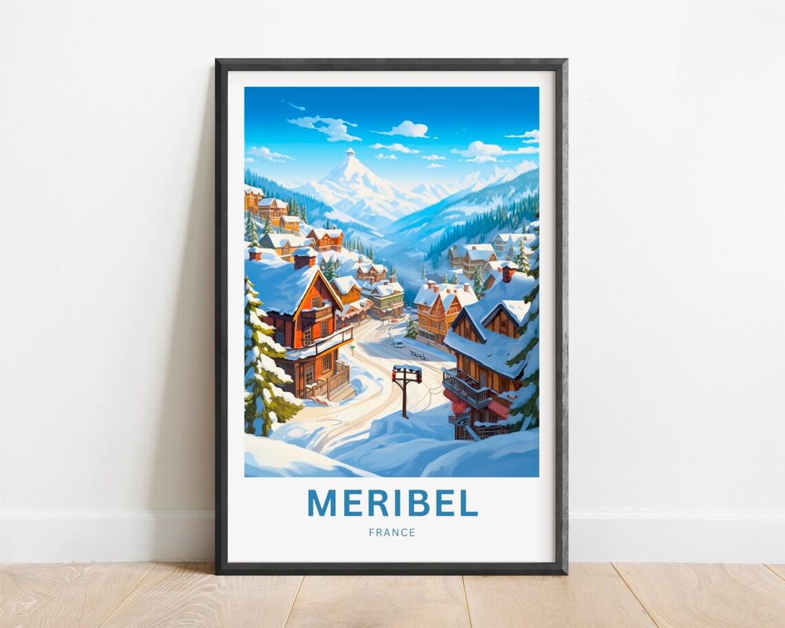 Meribel France Snowy Ski Village Street Chalets Travel Poster