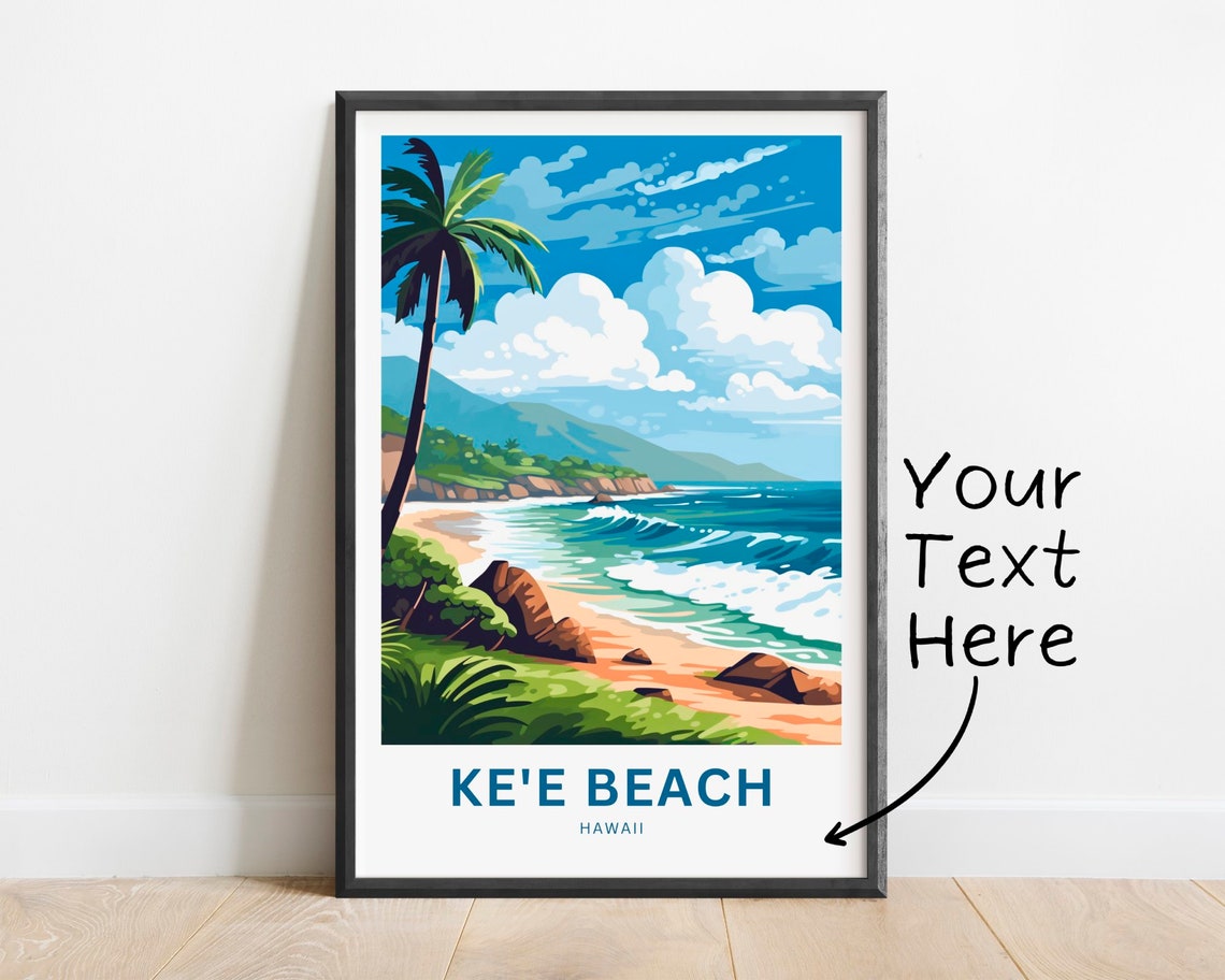 Ke'e Beach Hawaii Tropical Surf Beach Palm Tree Custom Poster