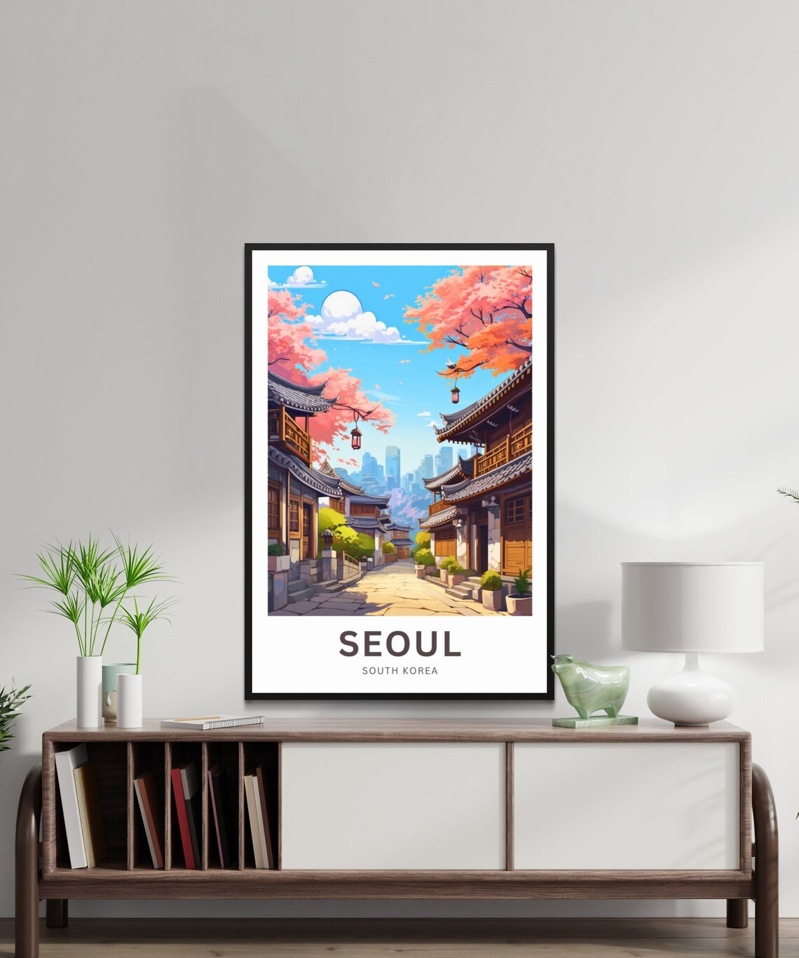 Seoul South Korea Travel Poster Cherry Blossom Hanok Street Art - Image 2