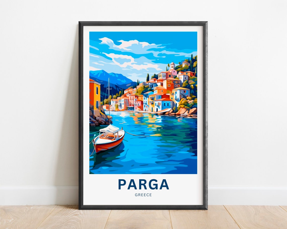 Parga Greece Harbor Boats Travel Poster Bright Coastal Scene Decor