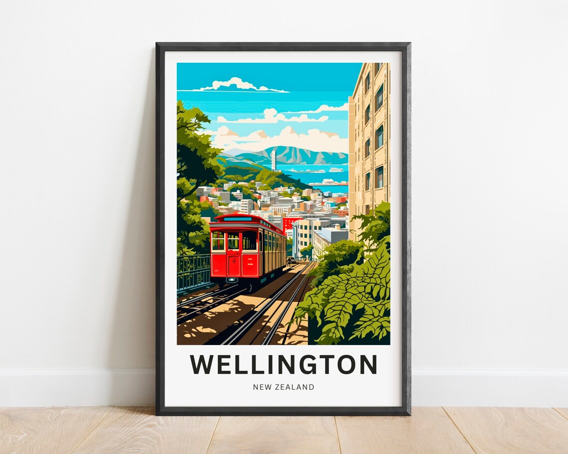 Wellington New Zealand Red Cable Car City Harbor View Travel Poster