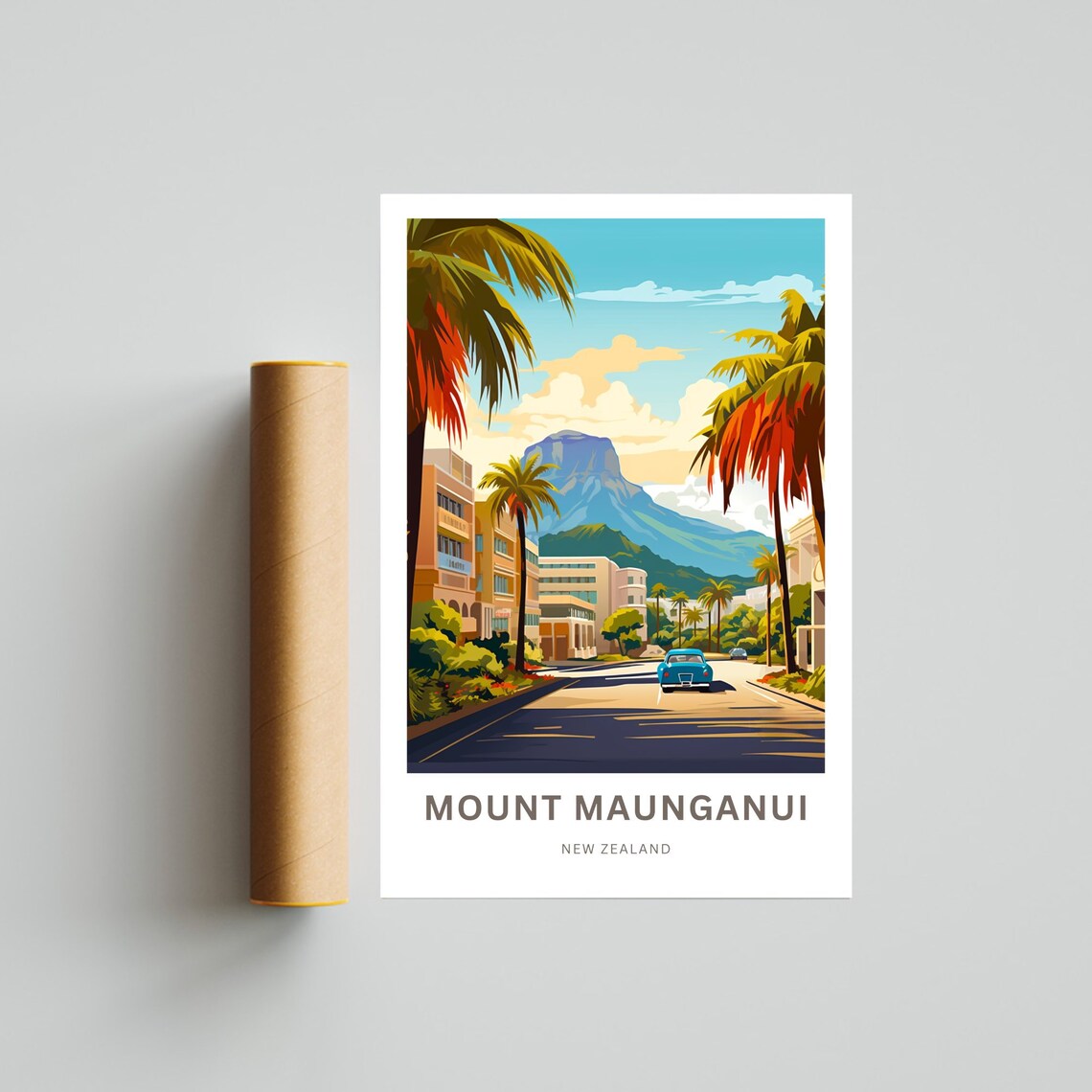 Mount Maunganui New Zealand Palm Avenue Mountain Scene Poster - Image 4