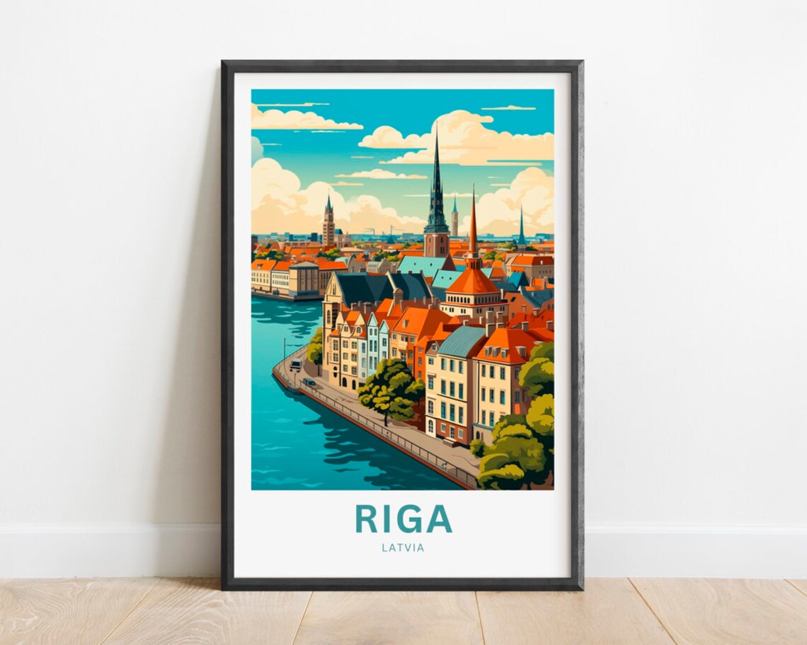 Riga Latvia Historic Old Town Skyline River View Travel Poster