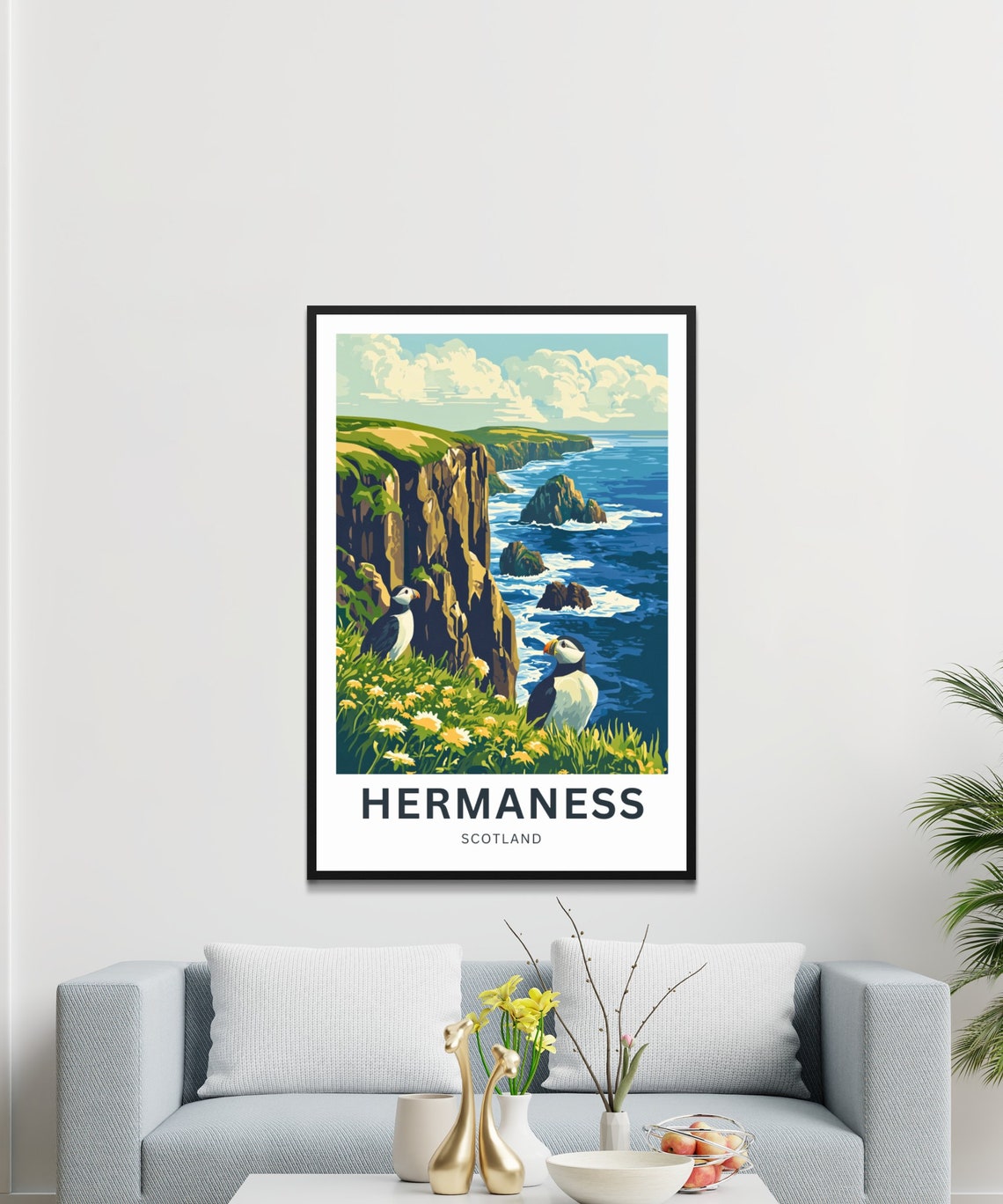 Hermaness Scotland Puffins on Clifftop Overlooking Sea Stacks Poster - Image 4