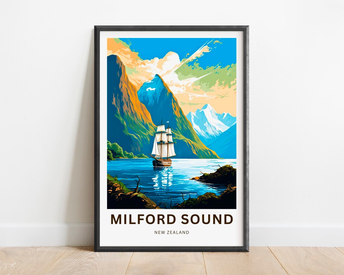 Milford Sound New Zealand Tall Ship Orange Peak Custom Travel Poster