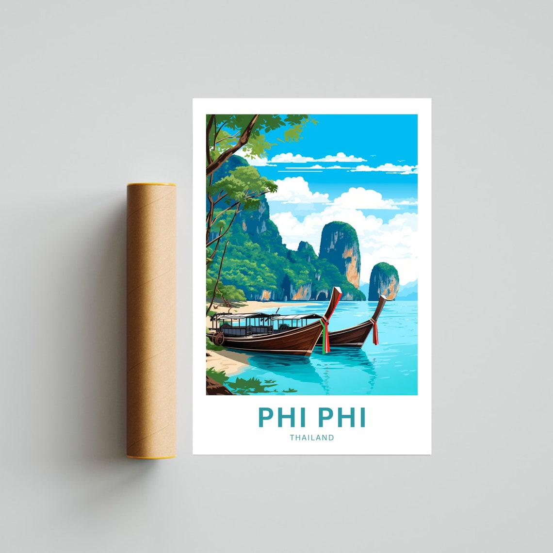 Phi Phi Thailand Longtail Boats Limestone Karsts Turquoise Bay Poster - Image 4