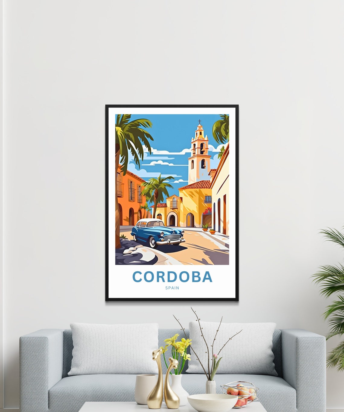 Cordoba Spain Bell Tower Blue Classic Car Custom Travel Poster - Image 3