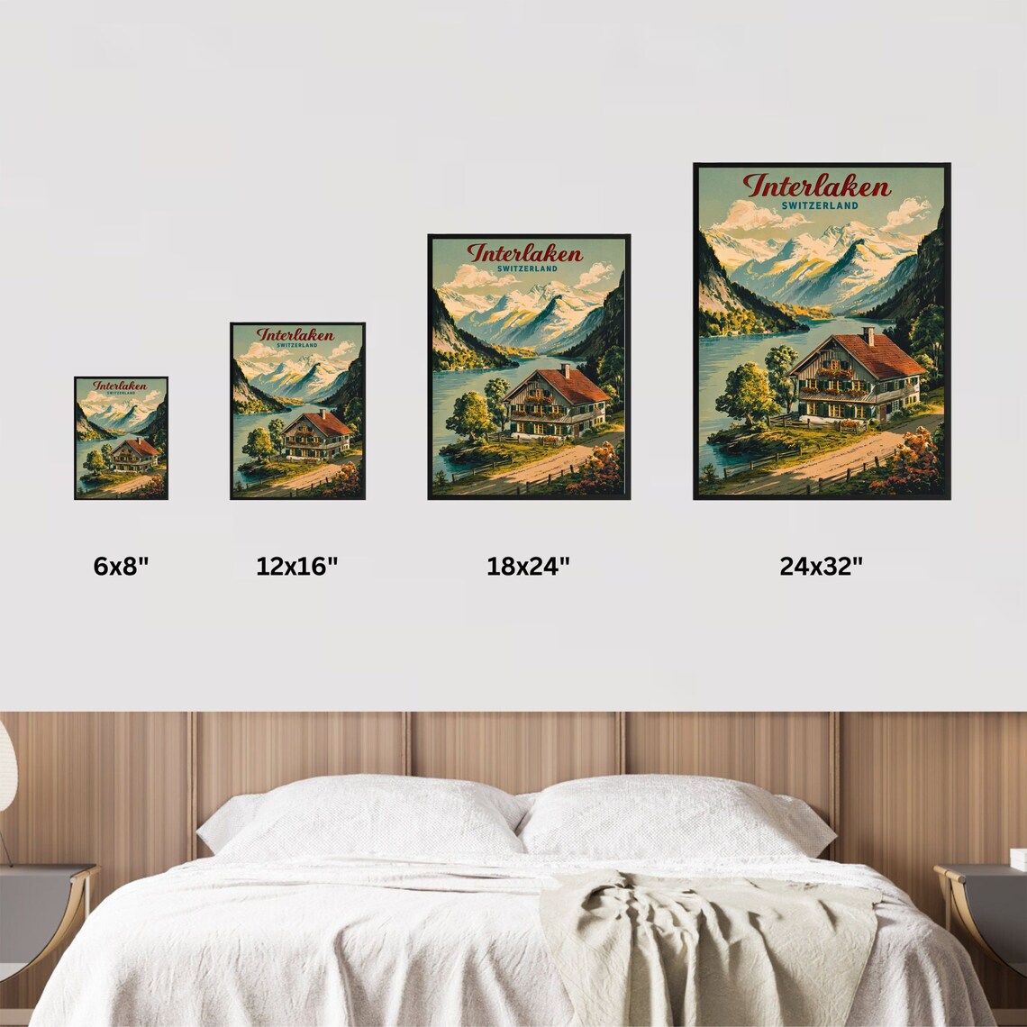 Interlaken Switzerland Lakeside Cottage Vintage Travel Poster Scene - Image 3