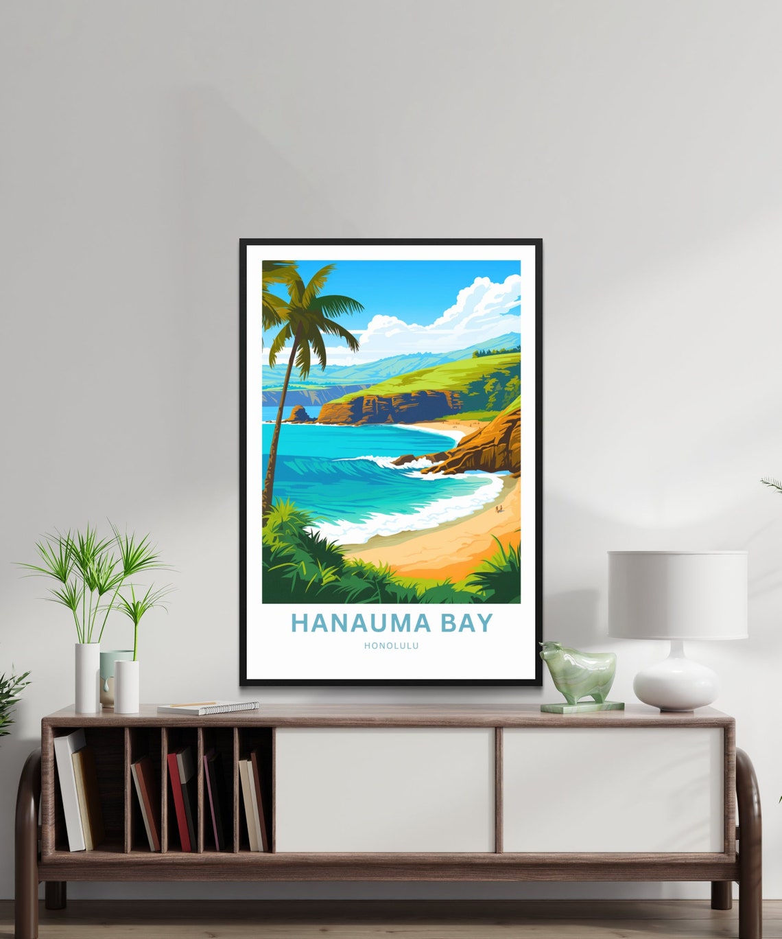 Hanauma Bay Honolulu Beach Cove Palm Cliffs Vintage Travel Poster - Image 2
