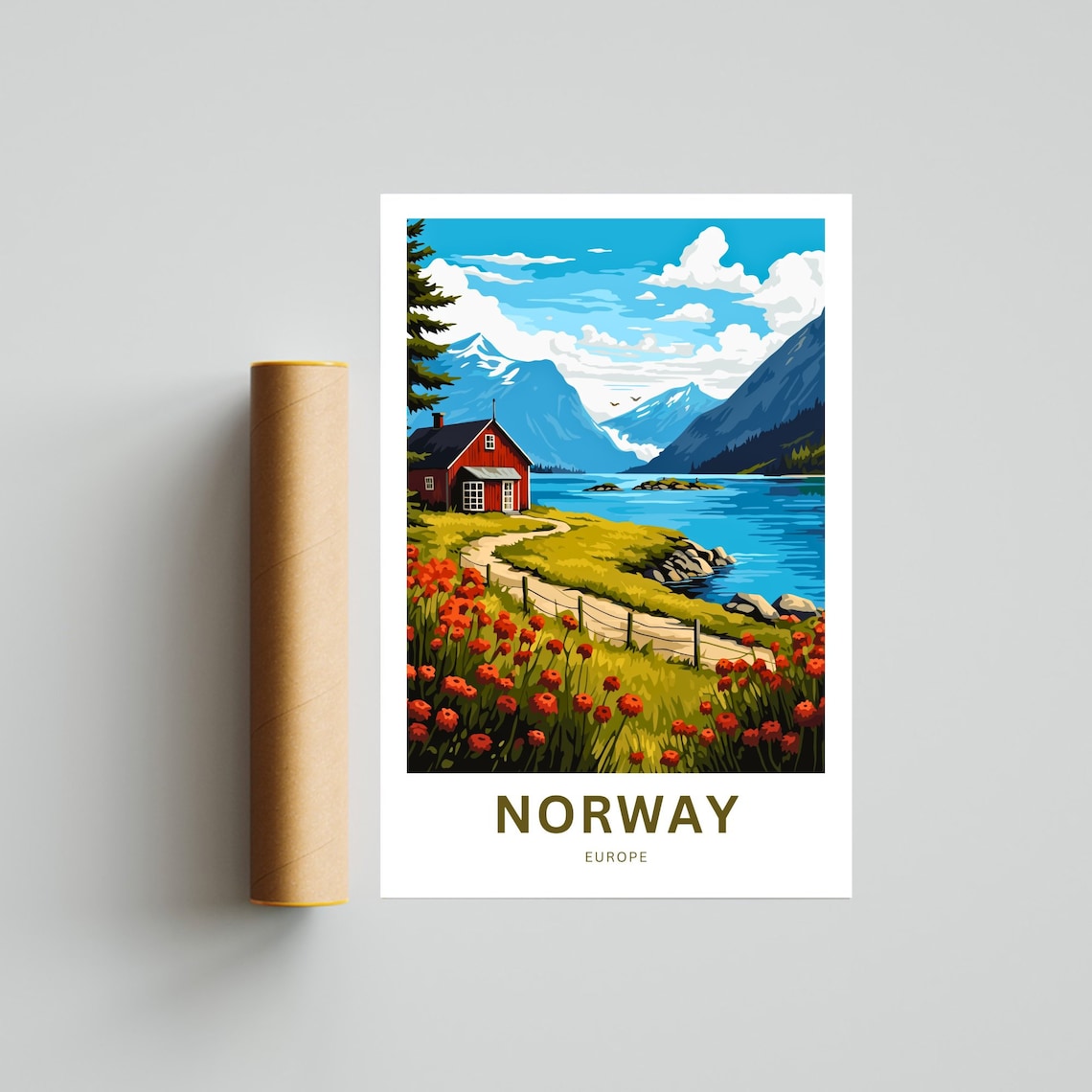 Norway Europe Travel Poster Lakeside Cabin Red Poppies Mountain View - Image 4