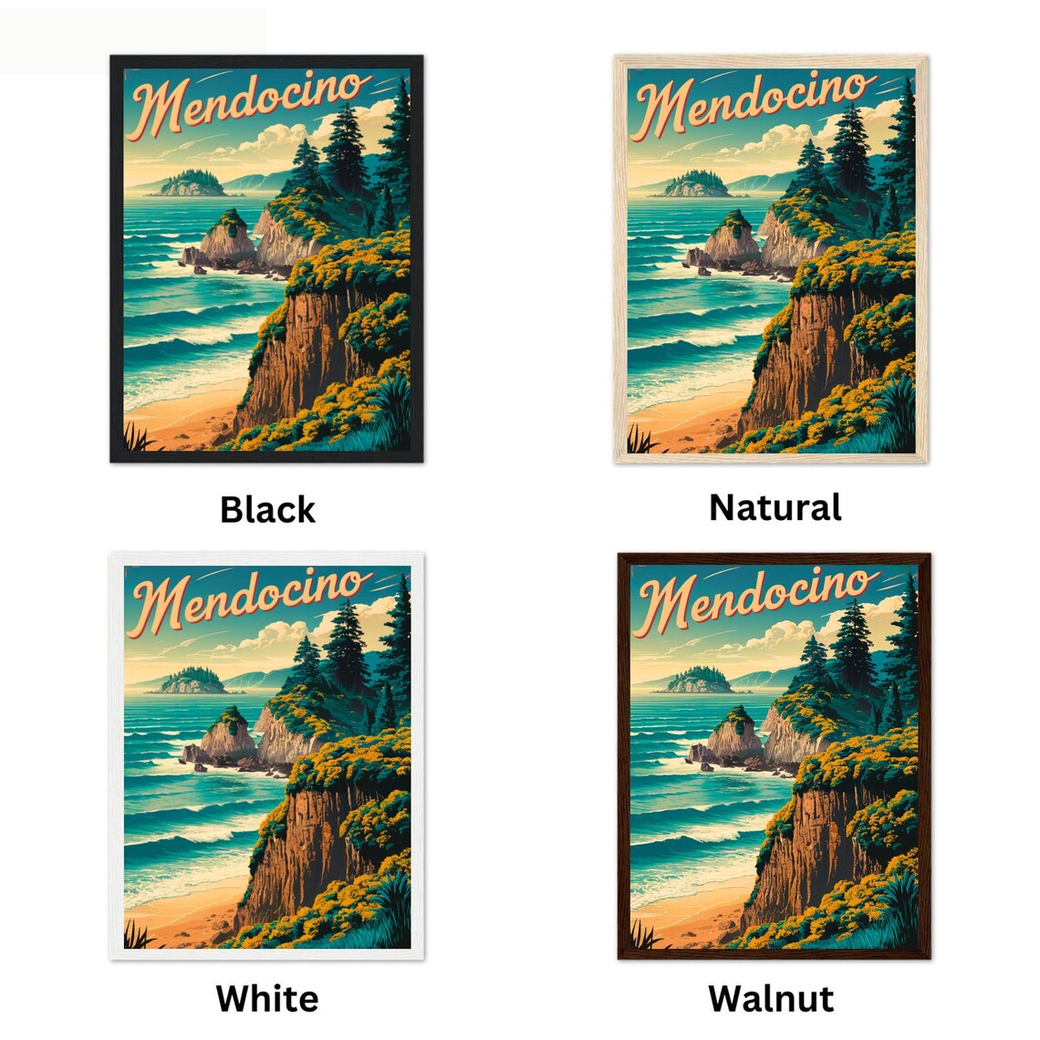 Mendocino Vintage Sea Cliffs Pine Forest Ocean View Travel Poster - Image 2
