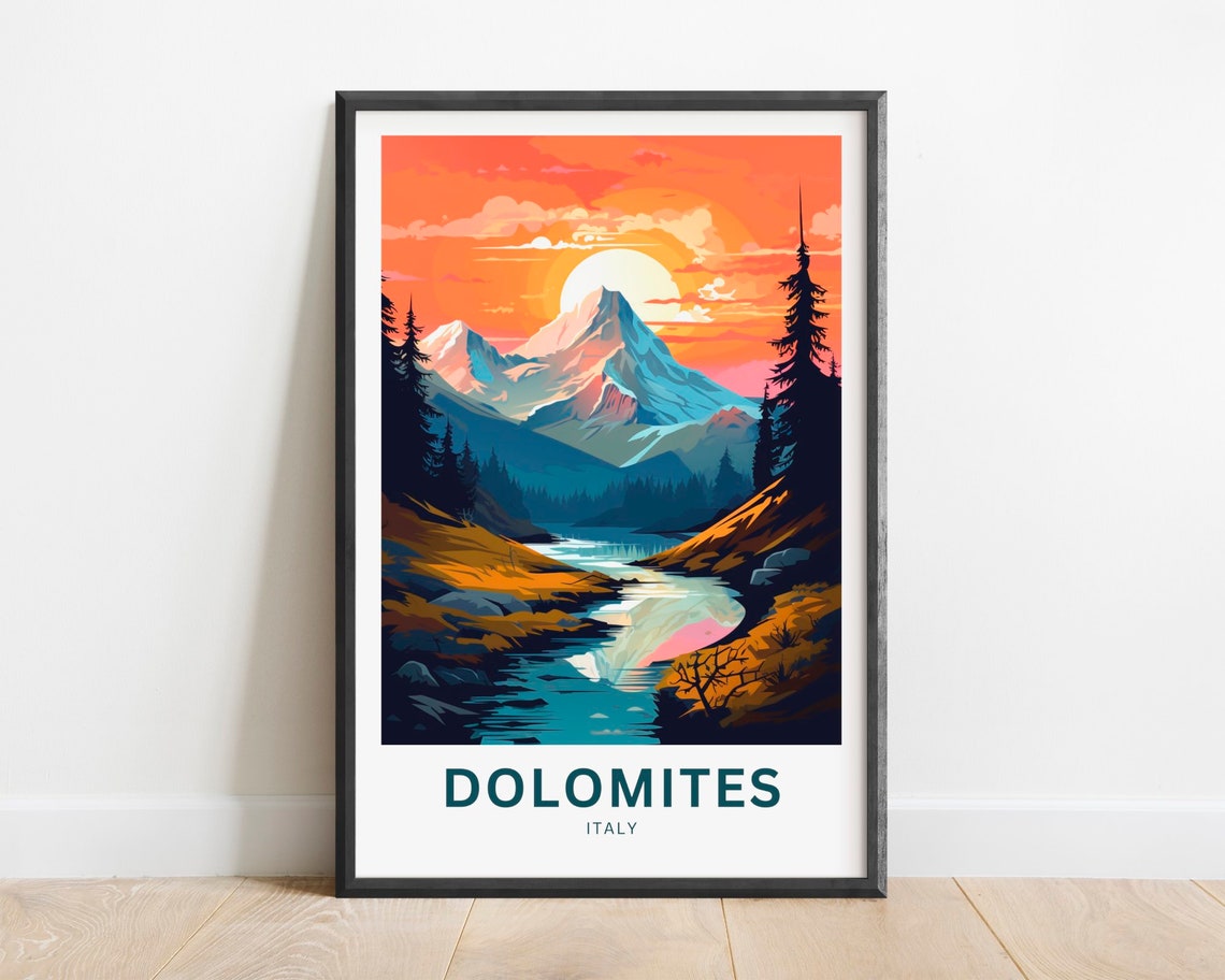Dolomites Italy Sunset Alpine Lake Snowy Mountain Peak Poster