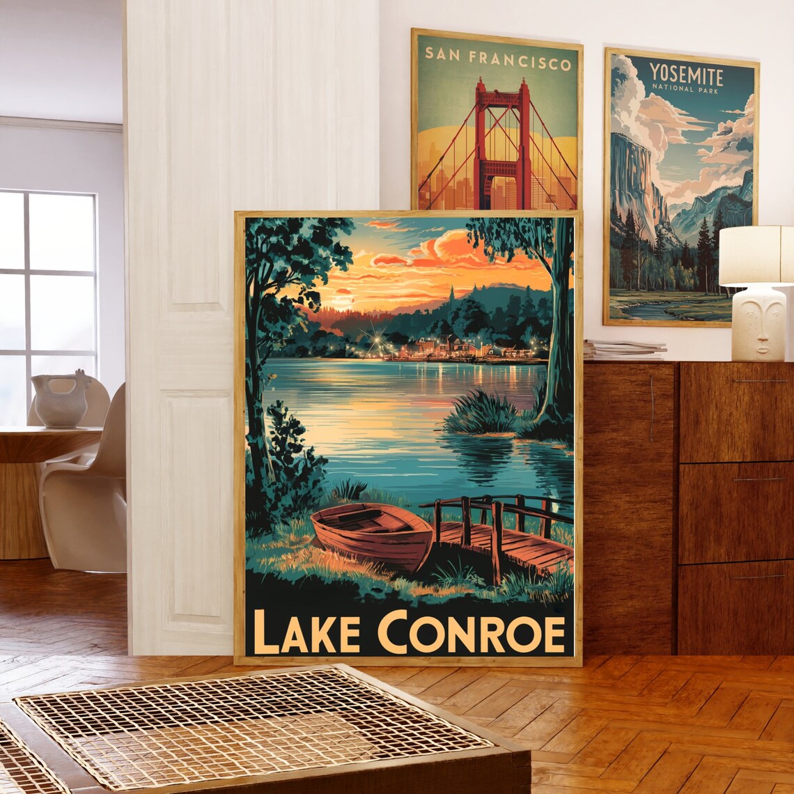 Lake Conroe Texas Vintage Sunset Waterfront Dock Boat Poster - Image 5