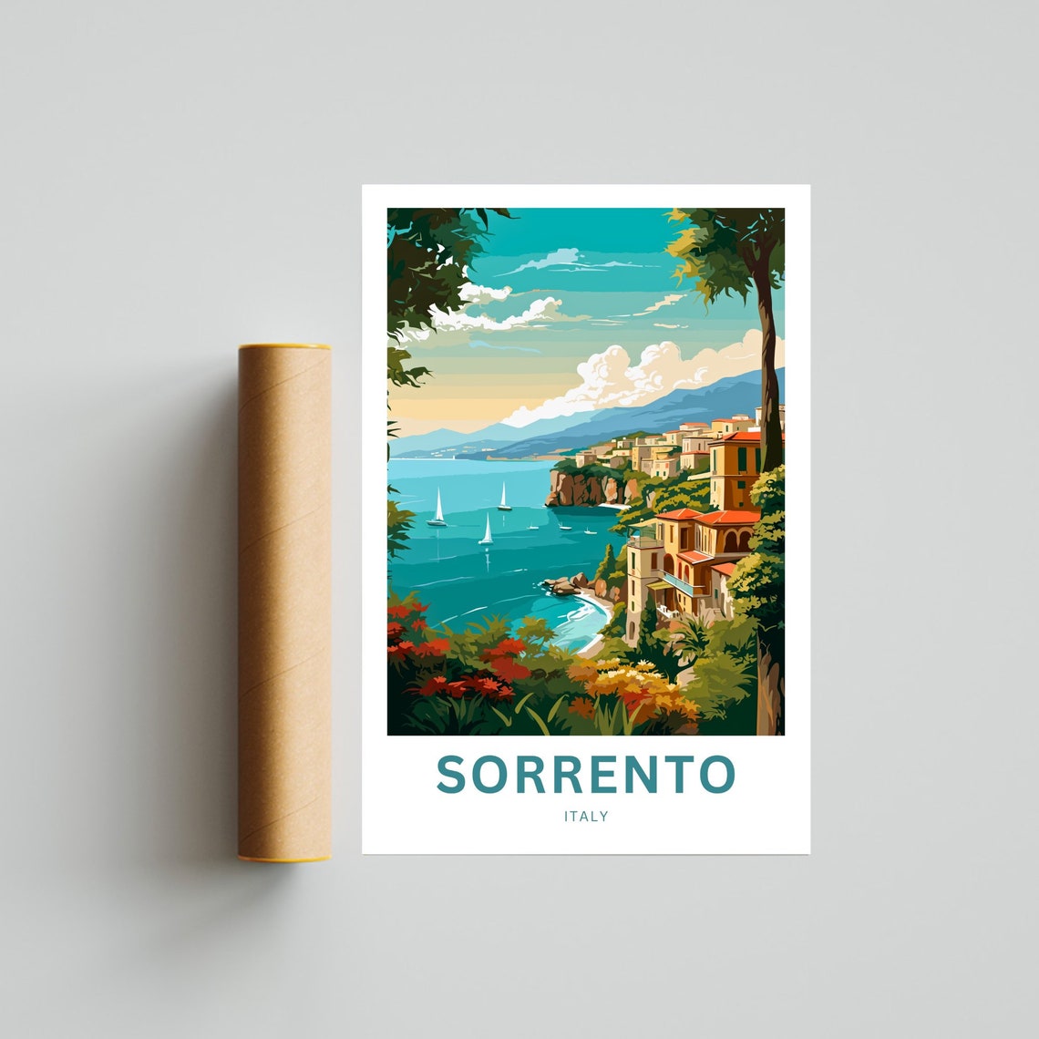 Sorrento Italy Cliffside Town Sailboats Custom Text Art Poster - Image 4