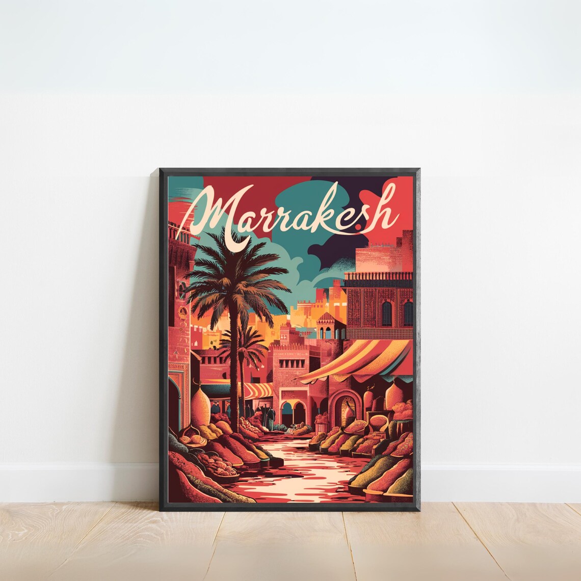 Marrakesh Morocco Old City Street Palms Warm Retro Art Poster