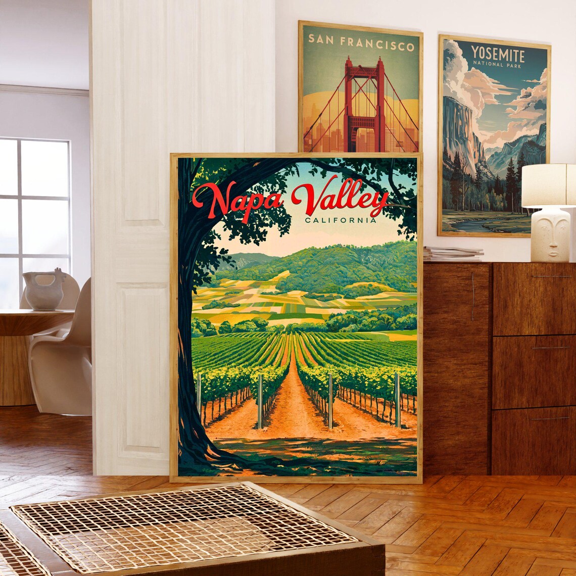 Napa Valley California Vintage Oak Framed Vineyard View Travel Poster - Image 5