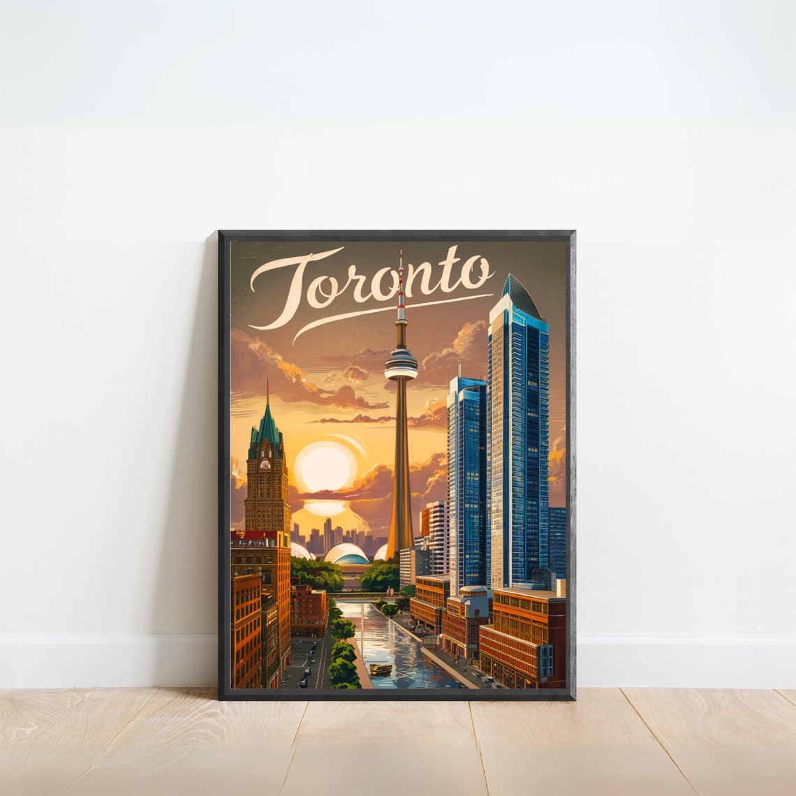 Toronto Canada CN Tower Skyline Script Vintage Retro Travel Poster