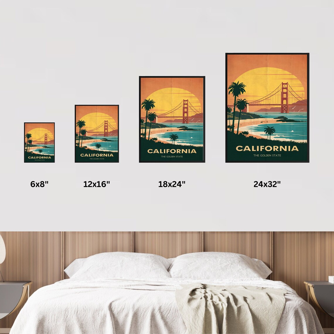 California Golden Gate Bridge Sunset Palm Trees Travel Poster - Image 4