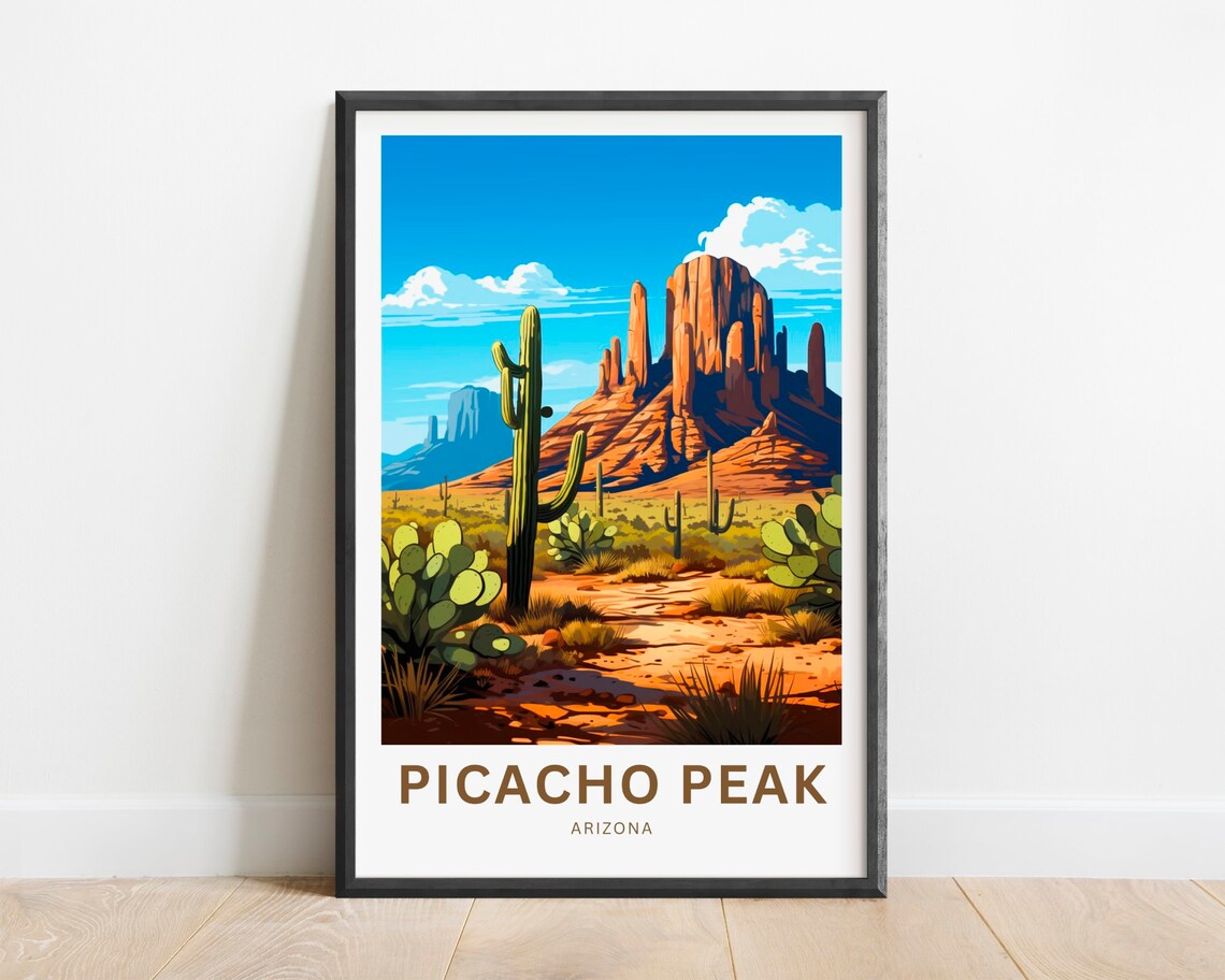 Picacho Peak Arizona Desert Saguaro Sunset Rock Art Travel Poster