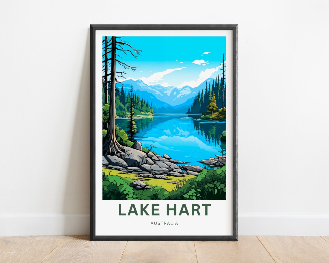 Lake Hart Australia Alpine Lake Vintage Travel Poster Rocky Shore Art
