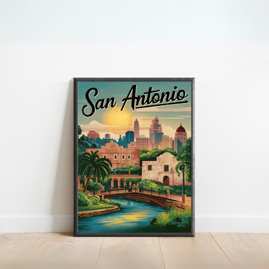 San Antonio Texas Vintage River Walk City Skyline Travel Poster