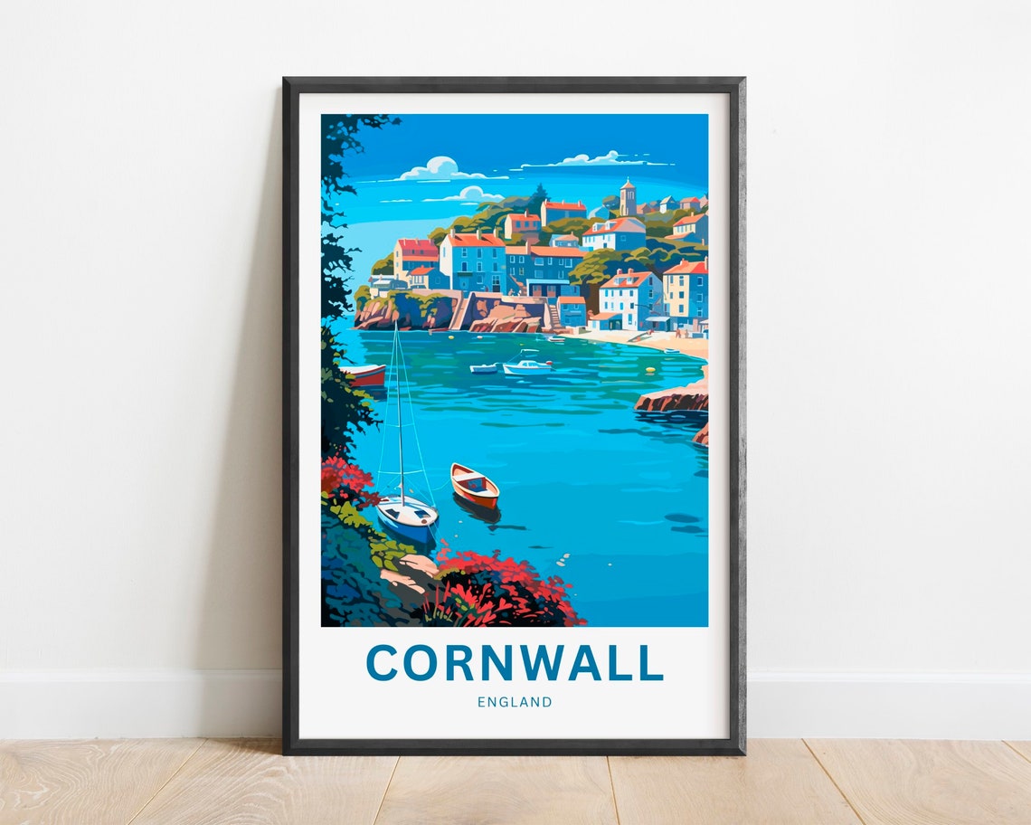 Cornwall England Sailboat Bay and Hillside Village Scene Poster