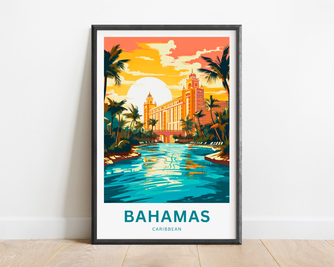Bahamas Sunset Resort Lagoon Palm Trees Caribbean Travel Poster