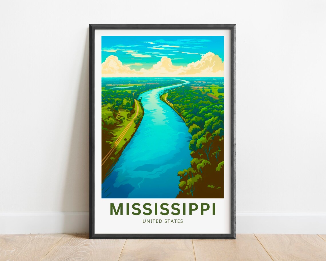 Mississippi River Aerial Meander Green Forests Travel Poster