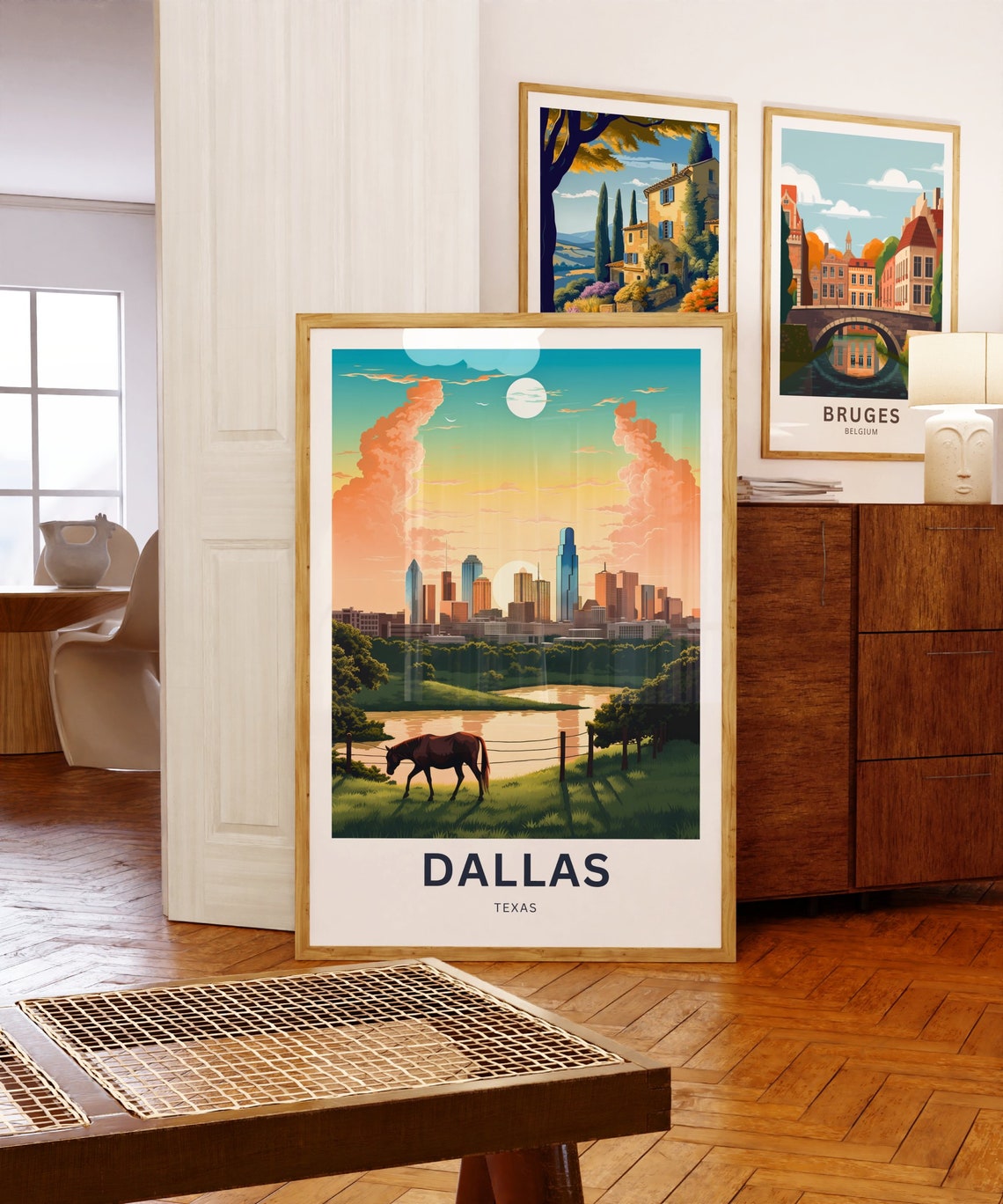 Dallas Texas City Skyline Moonlit Horse Field Night Travel Poster - Image 5