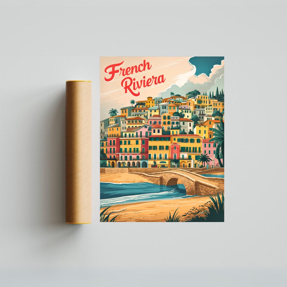 French Riviera Colorful Hillside Village Stone Bridge Travel Poster - Image 4