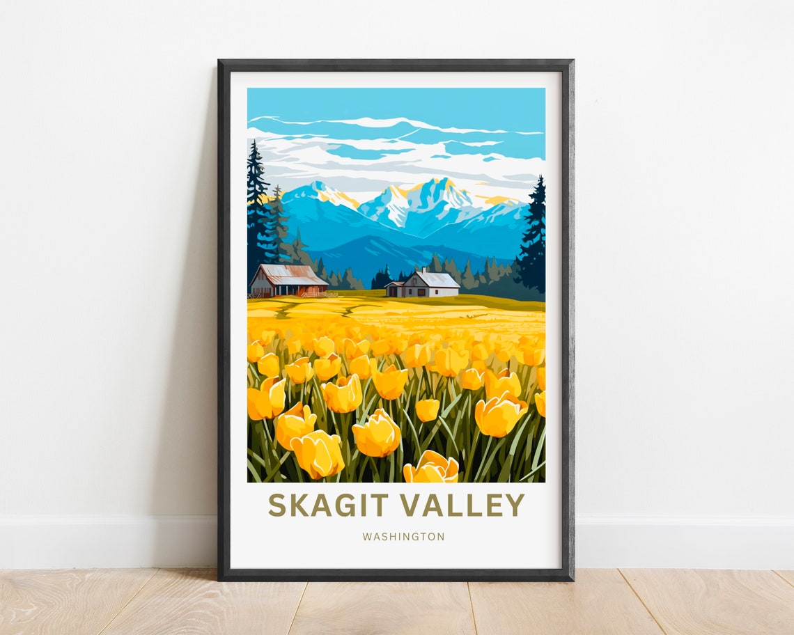 Skagit Valley Washington Tulip Fields Mountain Travel Poster