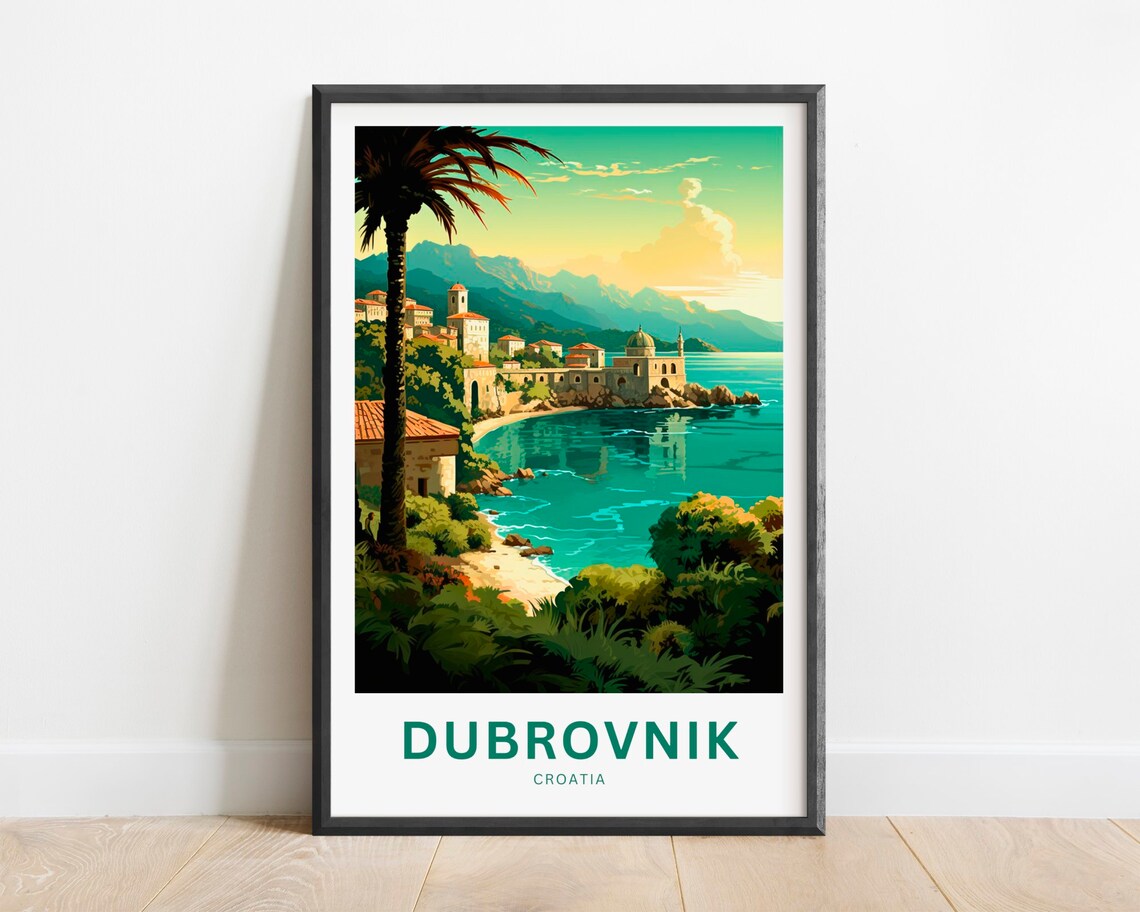 Dubrovnik Croatia Teal Bay Old Town Walls Palm Travel Art Poster