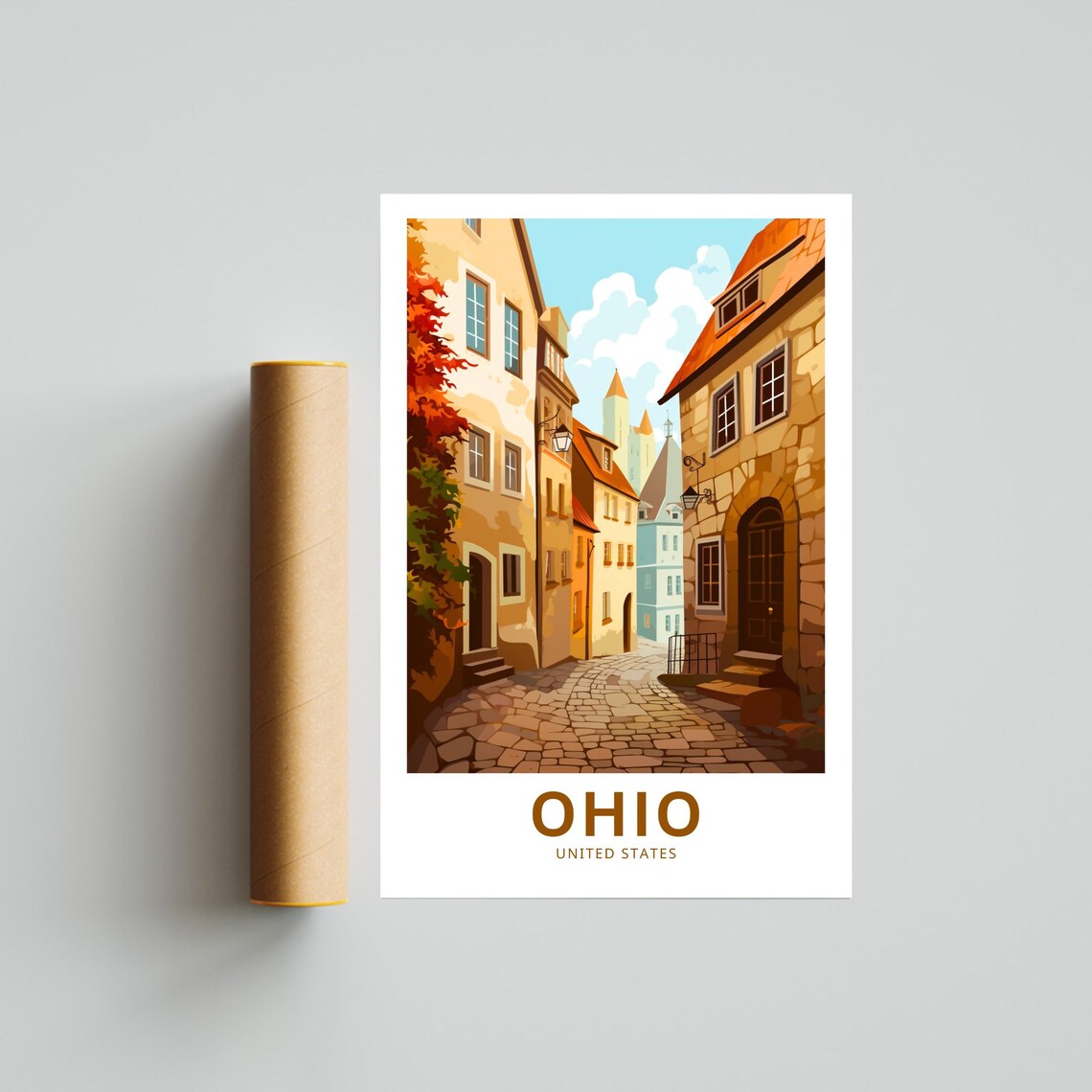 Ohio United States Historic Cobblestone Street Houses Travel Poster - Image 4