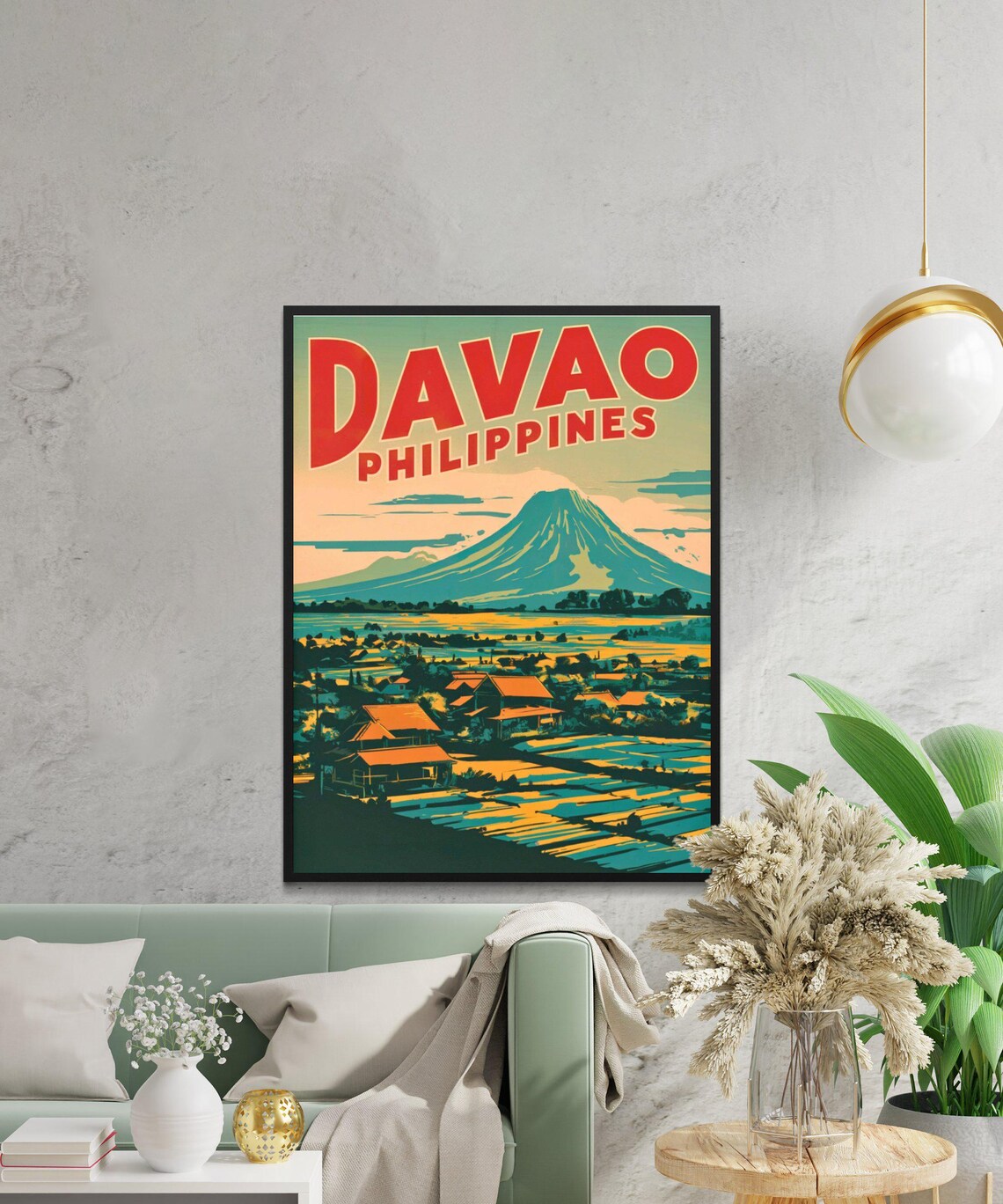 Davao Philippines Vintage Retro Volcano Rice Paddy Sunset Poster - Image 2