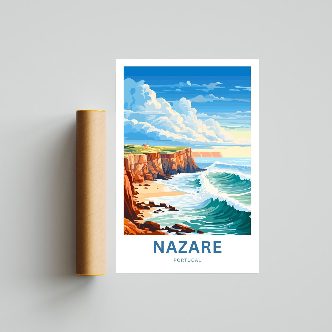 Nazare Portugal Red Cliffs Turquoise Wave Coast Scene Poster - Image 4