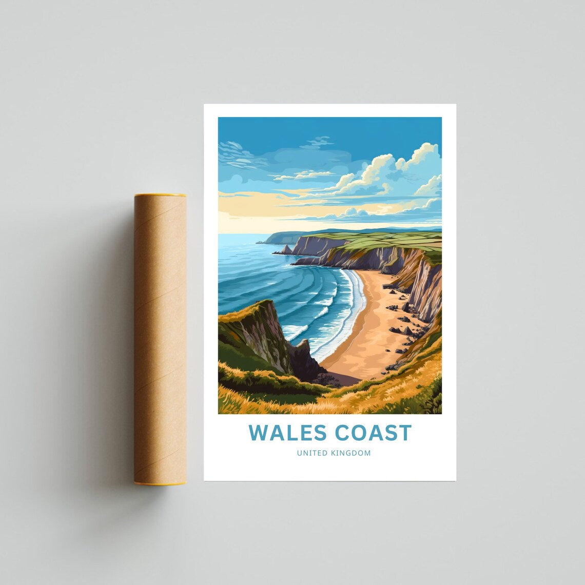 Wales Coast United Kingdom Red Cliffs Sandy Beach Sunset Travel Poster - Image 4