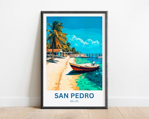 San Pedro Belize Travel Poster Tropical Beach Palms And Boat