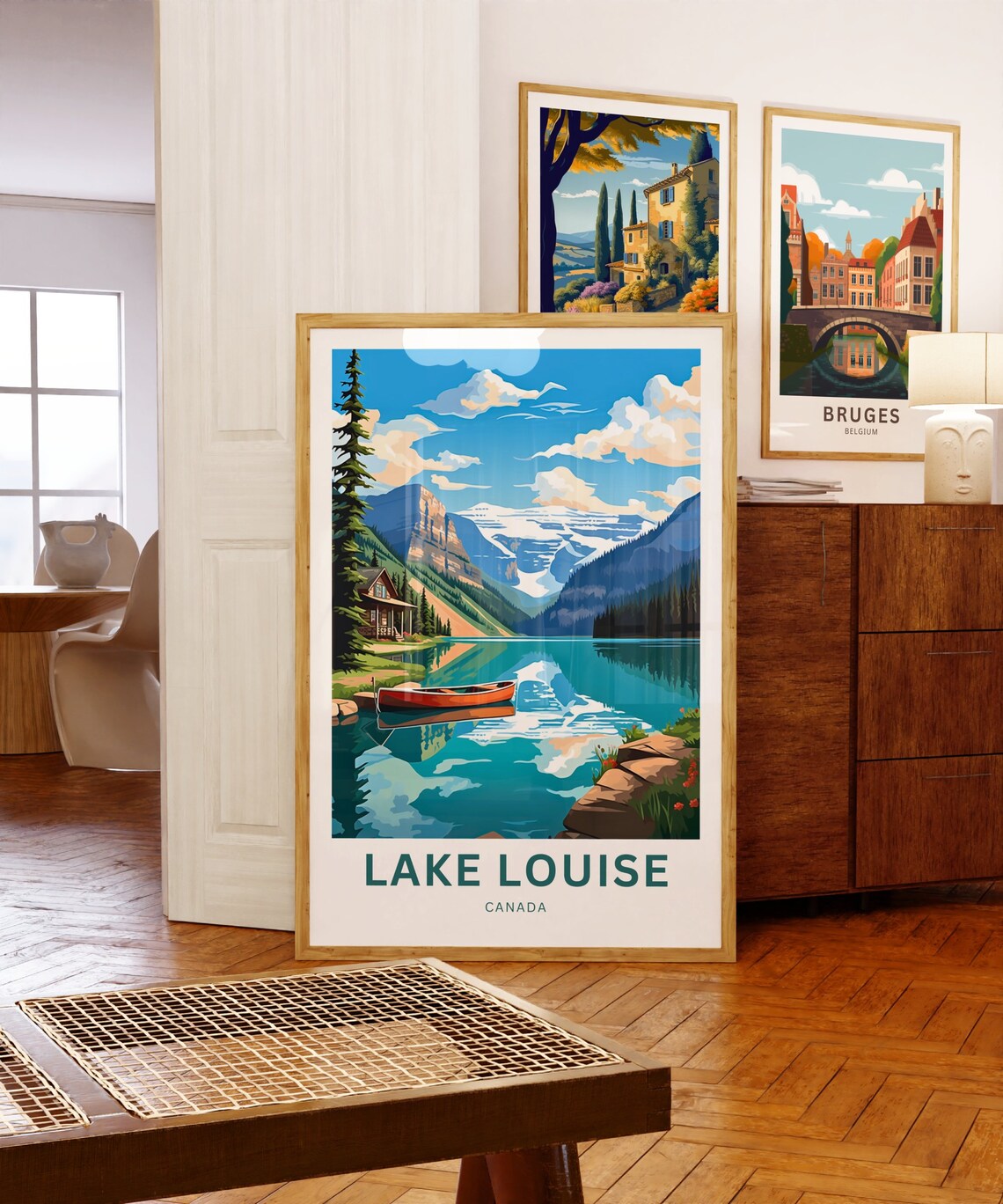 Lake Louise Canada Turquoise Lake Red Canoe Cabin View Travel Poster - Image 5
