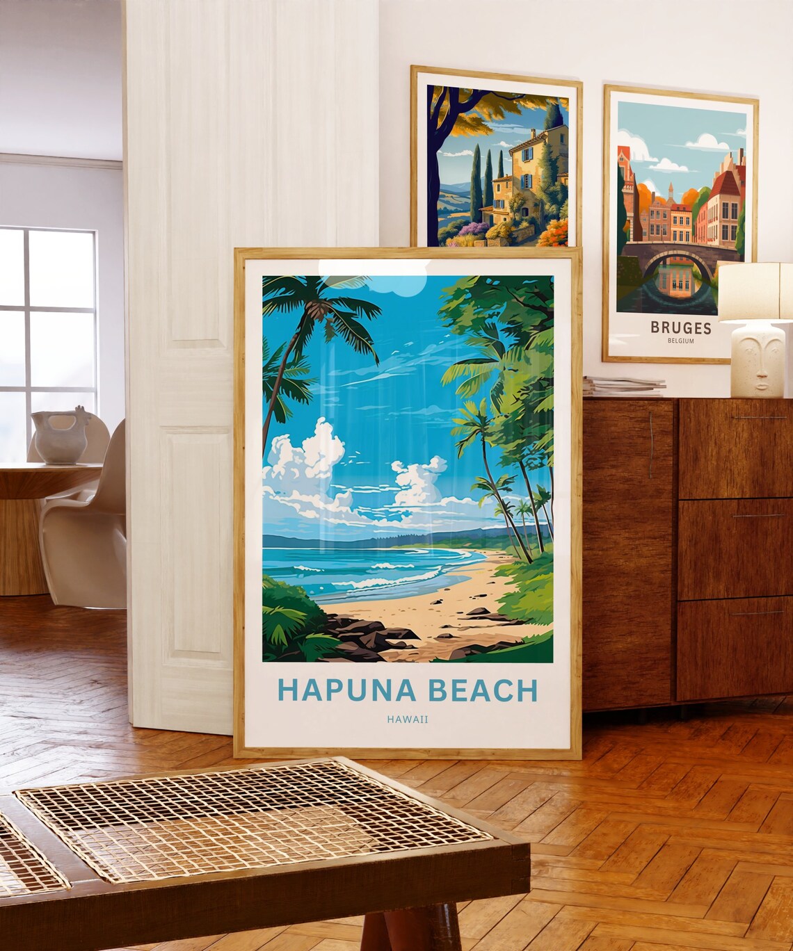 Hapuna Beach Hawaii Palm Trees Turquoise Surf Vintage Travel Poster - Image 3