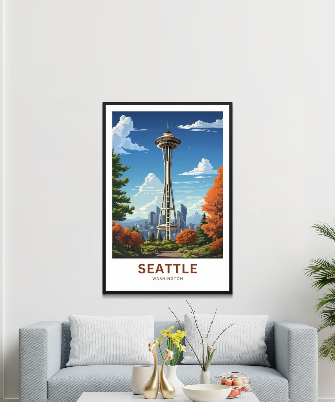 Seattle Space Needle Autumn Skyline Fall Foliage View Poster - Image 3